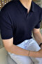 Navy Blue Slim Tight Polo Neck Plain Knitwear T-Shirt