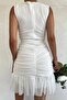 Women's Double Breasted Collar Lined Tulle Fabric Sleeveless White Mini Dress 9400 - 4