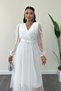 Tulle Fabric Double-Breasted Collar Pearl Belt Detail Dress - WHITE - 3