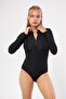 Black Zippered Long Sleeve Women's Swimsuit Hijab Surfing Swimsuit Without Cap - 2