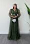 Tulle Fabric Double-Breasted Collar Maxi Dress - KHAKI GREEN