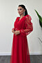 Tulle Fabric Double-Breasted Collar Maxi Dress - RED - 3