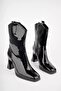 Women's Black Faux Patent Leather Mid-Heeled Square Toe Zippered Boots