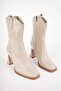 Women's Beige Patent Leather Heeled Boots with Square Toe