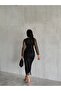 Women's Black Mandarin Collar Silver Polka Dot Detail Sheer Tulle Sleeved Lined Draped Midi Evening Dress - 8