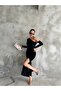 Women's Black Stretch Fabric One Shoulder Open Slit Back Detail Long Sleeve Midi Length Evening Dress - 7