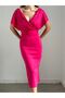 Women's Fuchsia Double-Breasted Neck Pearl Detailed Plus Size Batwing Sleeve Fabric Belted Midi Evening Dress - 5