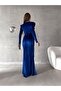 Women's Cobalt Blue Double Breasted Collar Slit Maxi Long Length Shoulder Padding Long Sleeve Velvet Evening Dress - 5