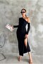 Women's Black Stretch Fabric One Shoulder Open Slit Back Detail Long Sleeve Midi Length Evening Dress