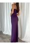 Women's Purple Scuba Flexible Fabric Long Strap Deep Slit Detail Double Breasted Evening Dress Graduation Engagement - 5