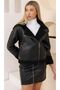 Women's Black Full Fur Ring Zippered Back Plush Detail Fur Biker Faux Coat Jacket - 7