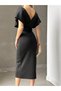 Women's Black Double-Breasted Neckline Pearl Detail Plus Size Batwing Sleeve Fabric Belted Midi Evening Dress - 5
