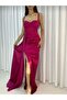Women's Heart-Neckline, Off-the-Shoulder, Spaghetti-Strap, Slit, Fishtail, Long Maxi-Length Satin Evening Gown