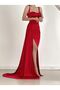 Women's Red Heart Collar Off-the-Shoulder Strap Glop Slit Fish Long Maxi Length Satin Fabric Evening Dress