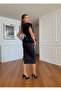 Women's Black Imported Fabric Belt Detail Special Design Lined Midi Dress - 3