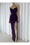 Women's Purple Stone Detail Double-Breasted Neck Deep Slit Maxi Off-Shoulder Scuba Fabric Strappy Evening Dress - 4