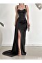 Women's Black Sweetheart Neckline Open Shoulder Strap Glop Slit Fish Long Maxi Length Satin Fabric Evening Dress - 3
