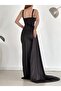 Women's Black Sweetheart Neckline Open Shoulder Strap Glop Slit Fish Long Maxi Length Satin Fabric Evening Dress - 5