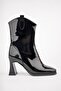 Women's Black Faux Patent Leather Mid-Heeled Square Toe Zippered Boots - 2