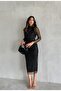 Women's Black Mandarin Collar Silver Polka Dot Detail Sheer Tulle Sleeved Lined Draped Midi Evening Dress