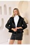 Women's Black Full Fur Ring Zippered Back Plush Detail Fur Biker Faux Coat Jacket - 3
