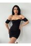 Women's Black Off-The-Shoulder Strapless Neckline Gathering Detail Sleeve Detailed Stretch Fabric Draped Mini Evening Dress