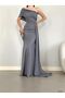 Women's Gray Madonna Collar Single Short Sleeve Tail Detailed Maxi Length Drape Gathered Long Evening Dress