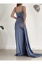Women's Blue Heart Collar Off-the-Shoulder Strap Glop Slit Fish Long Maxi Length Satin Fabric Evening Dress - 6