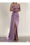 Women's Lilac Heart Neckline Off-Shoulder Strappy Cup Ball Gown Slit Mermaid Long Maxi Satin Evening Dress