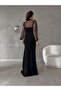 Women's Black Turtleneck Tulle Detail Slit Plus Size Maxi Evening Dress - 5