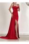 Women's Red Heart Collar Off-the-Shoulder Strap Glop Slit Fish Long Maxi Length Satin Fabric Evening Dress - 2