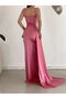 Women's Pink Sweetheart Neckline Open Shoulder Strap Glop Slit Fish Long Maxi Length Satin Fabric Evening Dress - 6