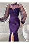 Women's Purple Turtleneck Tulle Detail Slit Plus Size Maxi Evening Dress - 4