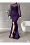 Women's Purple Turtleneck Tulle Detail Slit Plus Size Maxi Evening Dress