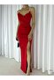 Women's Red Stone Detailed Double Breasted Neckline Deep Slit Maxi Off Shoulder Scuba Fabric Strap Evening Dress