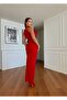 Women's Red Imported Crepe Fabric Halter Neck Lined Rose Detail Design Dress - 2