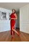 Women's Red Imported Crepe Fabric Halter Neck Lined Rose Detail Design Dress - 3