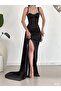 Women's Black Sweetheart Neckline Open Shoulder Strap Glop Slit Fish Long Maxi Length Satin Fabric Evening Dress - 4