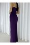 Women's Purple Stone Detail Double-Breasted Neck Deep Slit Maxi Off-Shoulder Scuba Fabric Strappy Evening Dress - 3