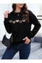 Thick Winter Black Oversize Sweatshirt - Crew Neck, Five Hearts Printed - 4