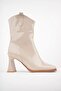 Women's Beige Patent Leather Heeled Boots with Square Toe - 2
