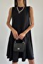 Black Loose Basic Dress - Flounced Zero Sleeve - 2