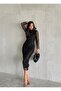 Women's Black Mandarin Collar Silver Polka Dot Detail Sheer Tulle Sleeved Lined Draped Midi Evening Dress - 2