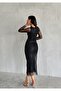 Women's Black Mandarin Collar Silver Polka Dot Detail Sheer Tulle Sleeved Lined Draped Midi Evening Dress - 5