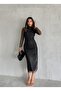 Women's Black Mandarin Collar Silver Polka Dot Detail Sheer Tulle Sleeved Lined Draped Midi Evening Dress - 4