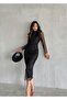 Women's Black Mandarin Collar Silver Polka Dot Detail Sheer Tulle Sleeved Lined Draped Midi Evening Dress - 3