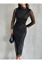 Women's Black Mandarin Collar Silver Polka Dot Detail Sheer Tulle Sleeved Lined Draped Midi Evening Dress - 6