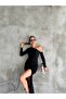 Women's Black Stretch Fabric One Shoulder Open Slit Back Detail Long Sleeve Midi Length Evening Dress - 5
