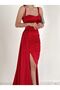 Women's Red Heart Collar Off-the-Shoulder Strap Glop Slit Fish Long Maxi Length Satin Fabric Evening Dress - 3