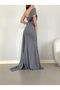 Women's Gray Madonna Collar Single Short Sleeve Tail Detailed Maxi Length Drape Gathered Long Evening Dress - 3